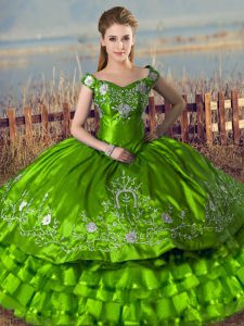 Attractive Green Sleeveless Embroidery and Ruffled Layers Floor Length 15 Quinceanera Dress
