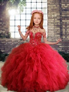 Tulle Scoop Sleeveless Lace Up Ruffles Little Girl Pageant Dress in Red