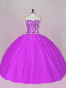 Fantastic Sleeveless Floor Length Beading Lace Up Sweet 16 Dresses with Purple