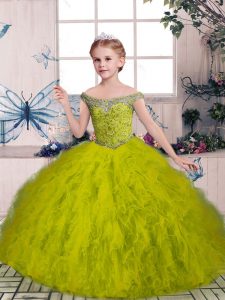 Sleeveless Floor Length Beading and Ruffles Lace Up Pageant Gowns For Girls with Olive Green