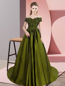 Olive Green A-line Off The Shoulder Sleeveless Satin Floor Length Zipper Lace Quince Ball Gowns