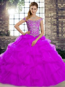 Attractive Purple Ball Gowns Tulle Off The Shoulder Sleeveless Beading and Pick Ups Lace Up Quinceanera Dresses Brush Train