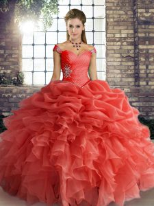 Excellent Orange Red Lace Up Quince Ball Gowns Beading and Ruffles and Pick Ups Sleeveless Floor Length