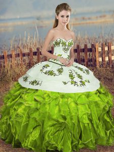 Olive Green Lace Up Sweetheart Embroidery and Ruffles and Bowknot Quinceanera Dresses Organza Sleeveless
