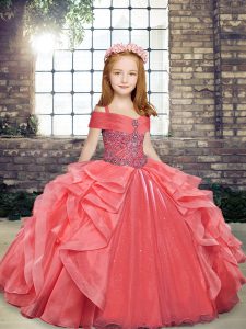 New Arrival Ball Gowns Kids Pageant Dress Coral Red Straps Organza Sleeveless Floor Length Lace Up
