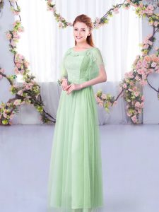 Short Sleeves Floor Length Side Zipper Dama Dress in Apple Green with Lace and Belt