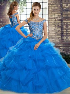 Charming Blue Ball Gowns Off The Shoulder Sleeveless Tulle Brush Train Lace Up Beading and Pick Ups Vestidos de Quinceanera