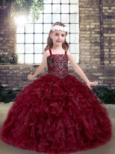 Eye-catching Floor Length Burgundy Little Girl Pageant Gowns Organza Sleeveless Beading and Ruffles