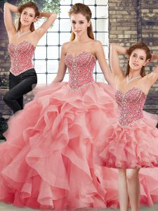 Hot Sale Watermelon Red Lace Up Sweetheart Beading and Ruffles 15 Quinceanera Dress Tulle Sleeveless Brush Train