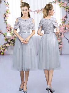 Admirable Tea Length Zipper Quinceanera Court Dresses Grey for Wedding Party with Lace and Belt