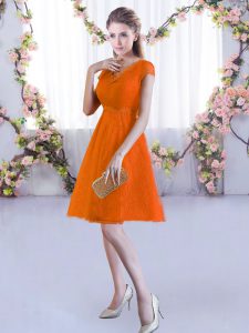 Eye-catching Orange Red V-neck Lace Up Lace Dama Dress Cap Sleeves