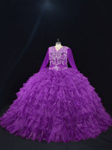 Ball Gowns Quinceanera Gowns Purple V-neck Organza Long Sleeves Floor Length Lace Up