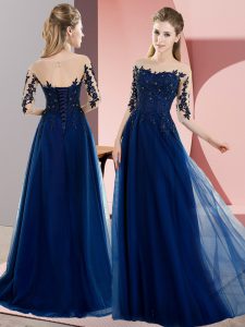 Navy Blue Chiffon Lace Up Bateau Half Sleeves Floor Length Quinceanera Court of Honor Dress Beading and Lace