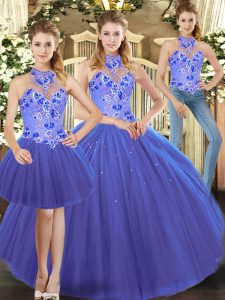Blue Sleeveless Floor Length Embroidery Lace Up Quinceanera Dresses