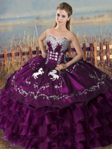 Sophisticated Sweetheart Sleeveless Satin and Organza 15th Birthday Dress Embroidery and Ruffles Lace Up