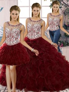 High Quality Sleeveless Floor Length Beading and Ruffles Lace Up Quince Ball Gowns with Burgundy