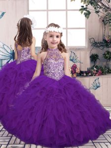 Ball Gowns Little Girl Pageant Gowns Purple High-neck Tulle Sleeveless Floor Length Lace Up