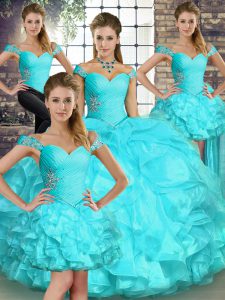 Colorful Aqua Blue Lace Up Quinceanera Gowns Beading and Ruffles Sleeveless Floor Length