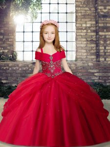 Adorable Red Lace Up Straps Beading Little Girls Pageant Dress Wholesale Tulle Sleeveless