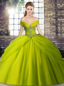 Ideal Beading and Pick Ups Sweet 16 Dress Olive Green Lace Up Sleeveless Brush Train