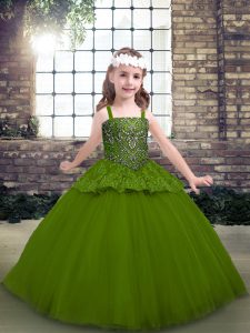Clearance Sleeveless Floor Length Beading Lace Up Pageant Dress for Girls with Olive Green