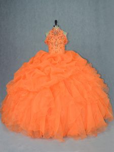 High-neck Sleeveless Lace Up Quinceanera Dresses Orange Organza