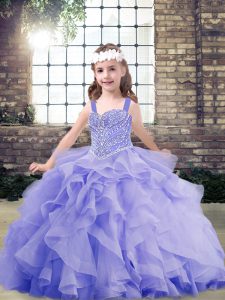 Lavender Little Girls Pageant Dress For with Beading and Ruffles Straps Sleeveless Lace Up