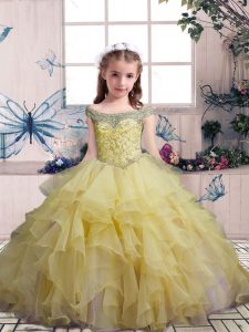 Admirable Floor Length Ball Gowns Sleeveless Yellow Child Pageant Dress Lace Up