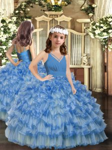 Sleeveless Floor Length Ruffled Layers Zipper Child Pageant Dress with Blue