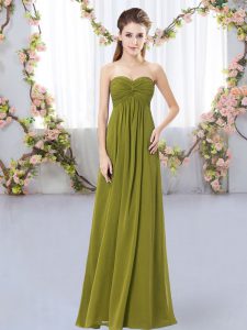 Stunning Olive Green Sleeveless Floor Length Ruching Zipper Dama Dress