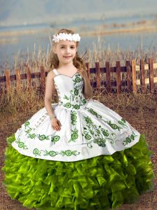 Excellent Olive Green Lace Up Little Girls Pageant Gowns Embroidery and Ruffles Sleeveless Floor Length
