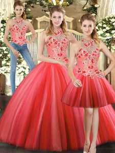 Red Quinceanera Gowns Sweet 16 and Quinceanera with Embroidery Halter Top Sleeveless Lace Up