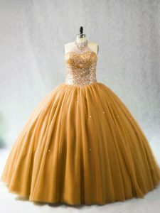 Modern Sleeveless Tulle Brush Train Lace Up Quince Ball Gowns in Gold with Beading