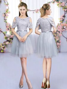 Stunning Grey Sleeveless Tulle Zipper Quinceanera Court Dresses for Wedding Party