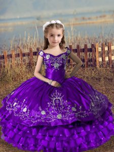 Fancy Purple Sleeveless Embroidery and Ruffled Layers Floor Length Child Pageant Dress