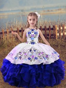 Floor Length Lace Up Winning Pageant Gowns Royal Blue for Wedding Party with Embroidery and Ruffles
