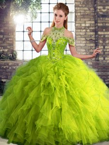 Latest Olive Green Ball Gowns Beading and Ruffles Quinceanera Dress Lace Up Tulle Sleeveless Floor Length