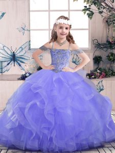 Sleeveless Tulle Floor Length Lace Up Custom Made Pageant Dress in Lavender with Beading and Ruffles