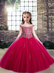 Hot Pink Tulle Lace Up Scoop Sleeveless Floor Length Little Girls Pageant Gowns Beading and Appliques