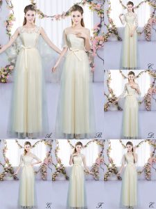 Fitting Champagne Empire Tulle Scoop Sleeveless Lace and Bowknot Floor Length Lace Up Quinceanera Dama Dress
