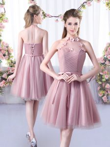 Gorgeous Pink A-line Tulle Halter Top Sleeveless Appliques and Belt Knee Length Lace Up Vestidos de Damas