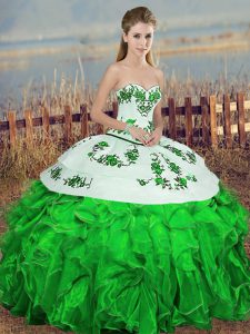 Green Organza Lace Up Sweet 16 Dresses Sleeveless Floor Length Embroidery and Ruffles and Bowknot