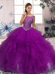 Purple Quinceanera Dress Military Ball and Sweet 16 and Quinceanera with Beading and Ruffles Scoop Sleeveless Zipper