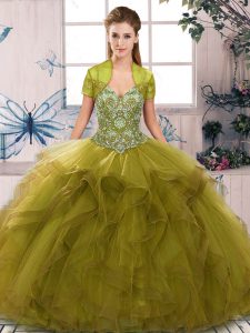 Olive Green Sleeveless Beading and Ruffles Floor Length Quinceanera Gown