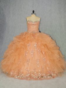 Inexpensive Sleeveless Organza Lace Up Sweet 16 Dress in Orange with Beading and Ruffles