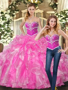 Low Price Rose Pink Sleeveless Beading and Ruffles Quinceanera Dresses