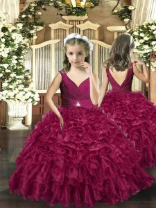 Floor Length Backless Girls Pageant Dresses Burgundy for Party and Wedding Party with Beading and Ruffles