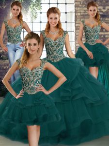 Elegant Peacock Green Tulle Lace Up Straps Sleeveless Floor Length Sweet 16 Dress Beading and Ruffles
