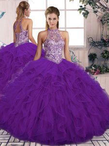 Sleeveless Tulle Floor Length Lace Up 15th Birthday Dress in Purple with Beading and Ruffles