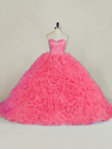 Halter Top Sleeveless Fabric With Rolling Flowers Quinceanera Dress Beading and Ruffles Court Train Lace Up
